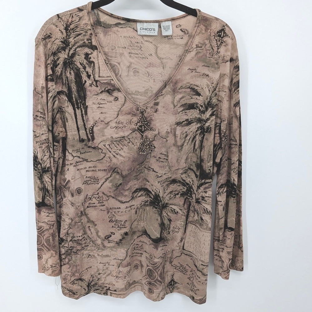 Chicos Travelers Top Women Medium Tan Map Palm Tree Print Long Sleeve Vacation